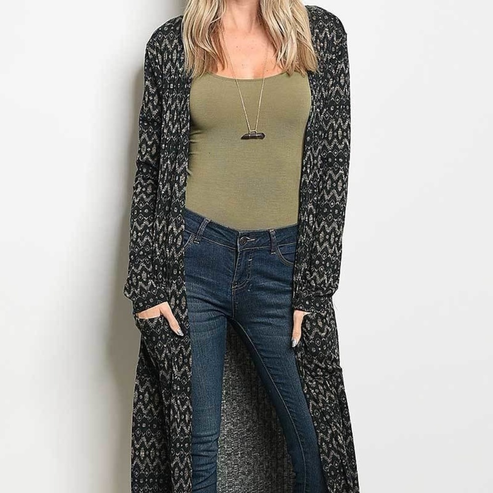Long Sleeve Tribal Knit Long Body Sweater Cardigan